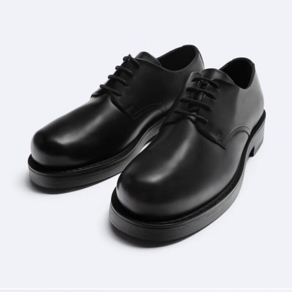New Zara Men's Black Leather Derby Shoes - Picture 1 of 14